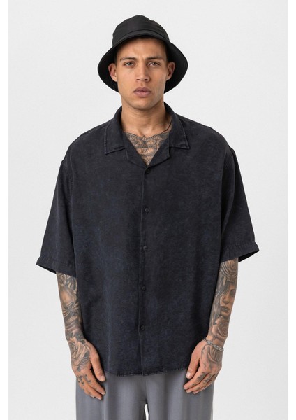 Yıkamalı Oversize Kısa Kol Gömlek Siyah modelleri