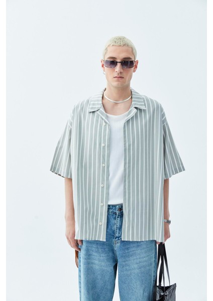 Çizgili Oversize Kısa Kol Gömlek Haki