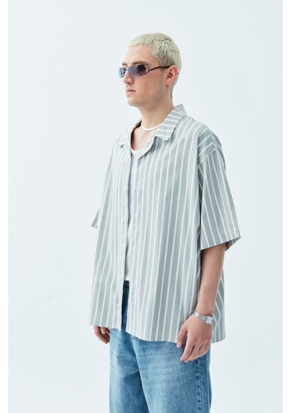 Çizgili Oversize Kısa Kol Gömlek Haki fiyatları