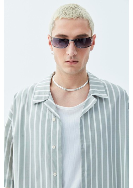 Çizgili Oversize Kısa Kol Gömlek Haki indirimleri