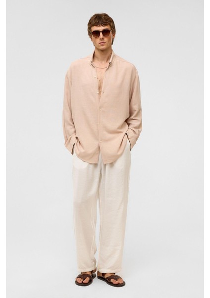 Oversize Uzun Kollu Keten Gömlek Bej