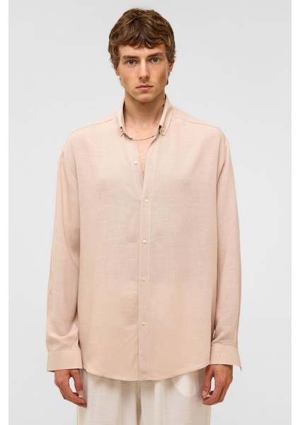 Oversize Uzun Kollu Keten Gömlek Bej modelleri