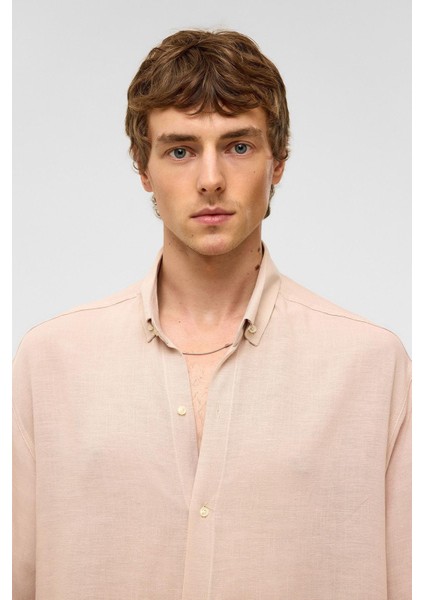 Oversize Uzun Kollu Keten Gömlek Bej fırsatları