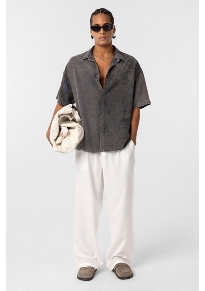 Yıkamalı Oversize Kısa Kol Tensel Gömlek Siyah