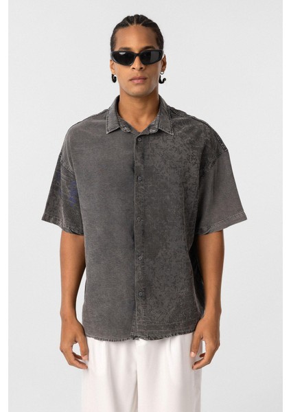 Yıkamalı Oversize Kısa Kol Tensel Gömlek Siyah modelleri