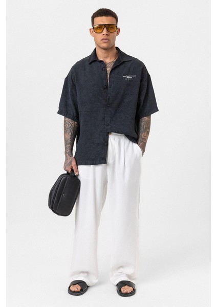 Yıkamalı Oversize Kısa Kol Baskılı Tensel Gömlek Siyah