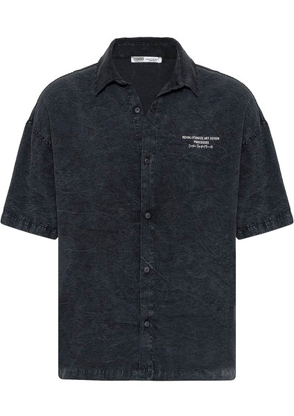 Yıkamalı Oversize Kısa Kol Baskılı Tensel Gömlek Siyah fiyatları