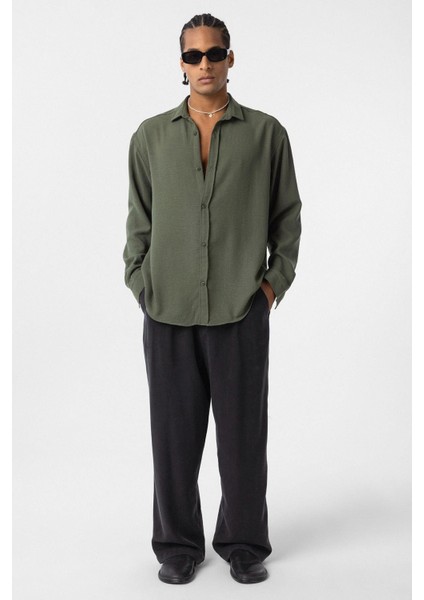 Basic Oversize Uzun Kol Keten Görünümlü Gömlek Haki