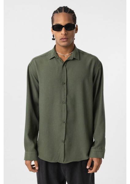 Basic Oversize Uzun Kol Keten Görünümlü Gömlek Haki fiyatları
