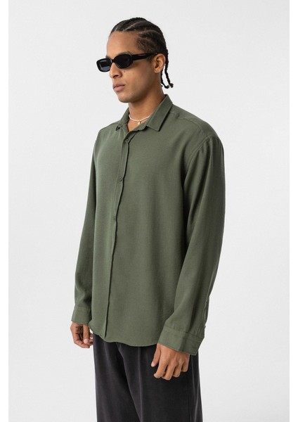 Basic Oversize Uzun Kol Keten Görünümlü Gömlek Haki modelleri
