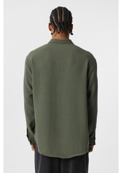 Basic Oversize Uzun Kol Keten Görünümlü Gömlek Haki fırsatları