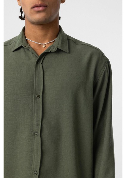 Basic Oversize Uzun Kol Keten Görünümlü Gömlek Haki indirimleri