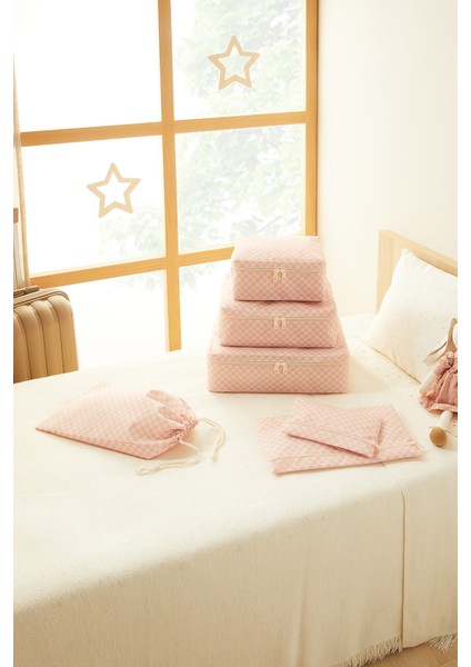 6'lı Pembe Dama Desen Pamuklu Bavul Içi Düzenleyici Set