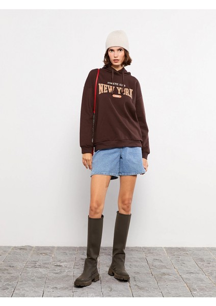 Lcw Vision Kahverengi Baskılı Kadın Kalın Hoodie modelleri