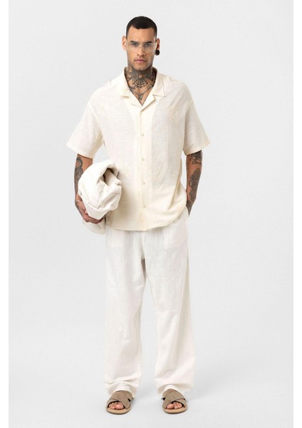 Oversize Nakış Detaylı Kısa Kol Gömlek Naturel