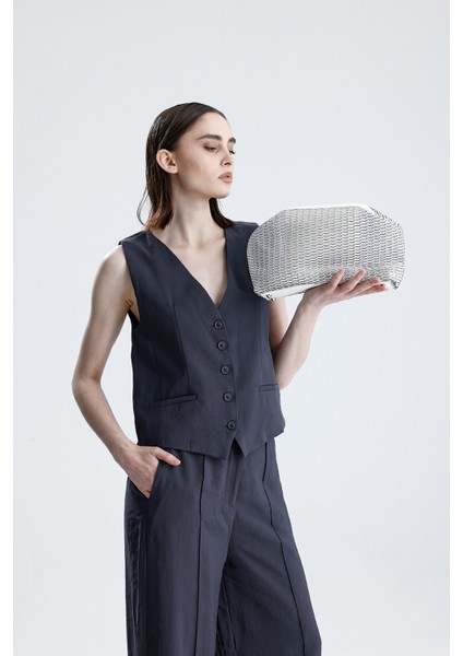 Kadın Beyaz Petek Desenli Şeffaf Clutch El Çantası