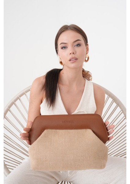 Kadın Kahve Deri Detaylı Jüt Clutch El Çantası