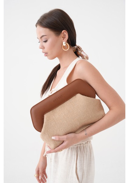 Kadın Kahve Deri Detaylı Jüt Clutch El Çantası fiyatları