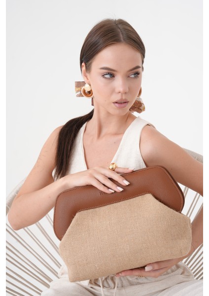Kadın Kahve Deri Detaylı Jüt Clutch El Çantası modelleri