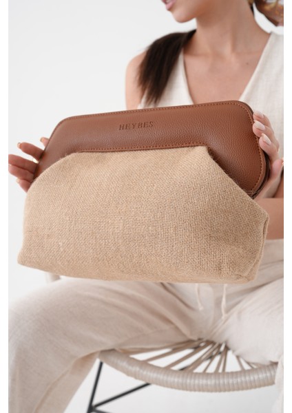 Kadın Kahve Deri Detaylı Jüt Clutch El Çantası indirimleri