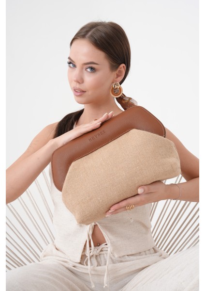 Kadın Kahve Deri Detaylı Jüt Clutch El Çantası