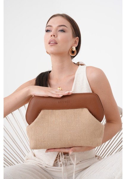 Kadın Kahve Deri Detaylı Jüt Clutch El Çantası