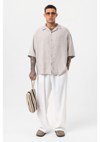 Yıkamalı Oversize Kısa Kol Gömlek Bej