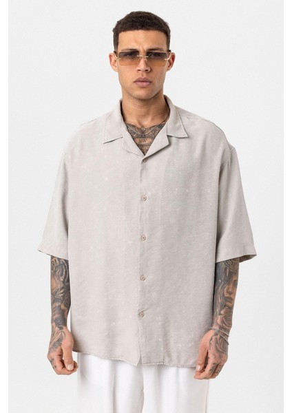 Yıkamalı Oversize Kısa Kol Gömlek Bej modelleri