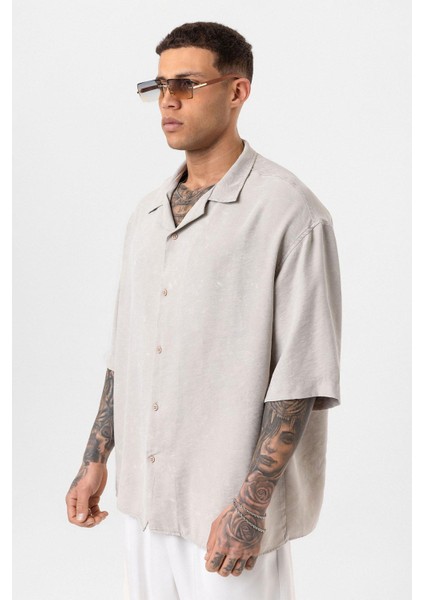 Yıkamalı Oversize Kısa Kol Gömlek Bej fırsatları