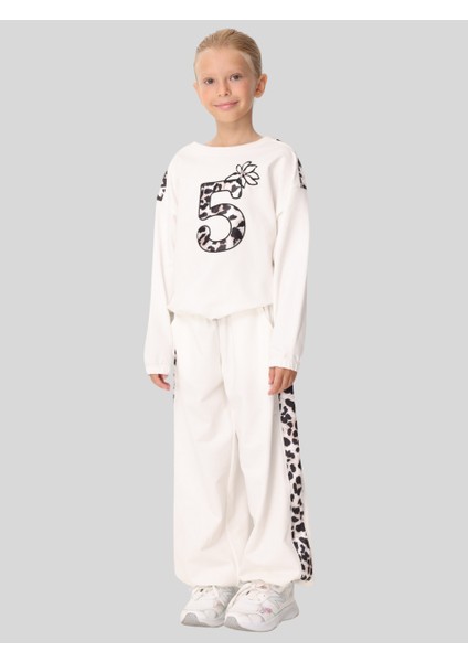 Kız Çocuk Leopar Takım 7-14 Yaş Ekru