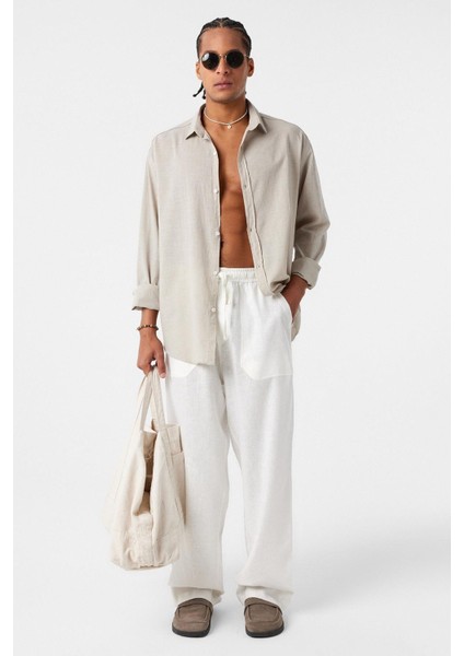 Basic Oversize Pamuk Keten Gömlek Bej