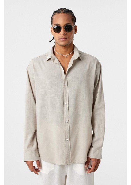 Basic Oversize Pamuk Keten Gömlek Bej modelleri