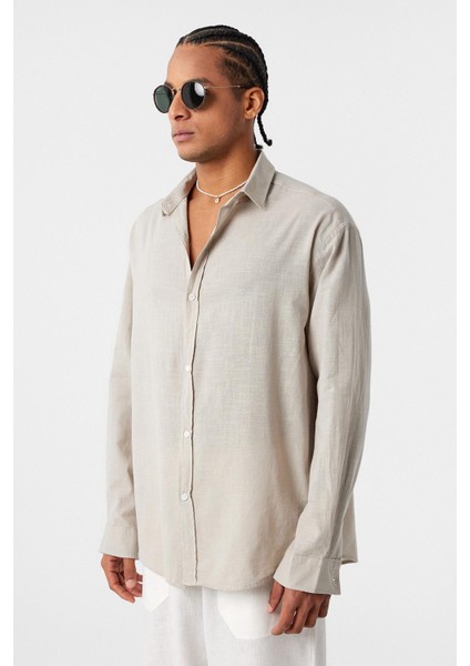 Basic Oversize Pamuk Keten Gömlek Bej fırsatları