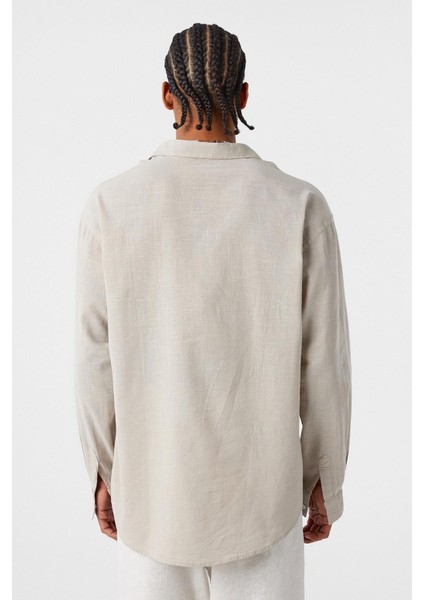 Basic Oversize Pamuk Keten Gömlek Bej indirimleri
