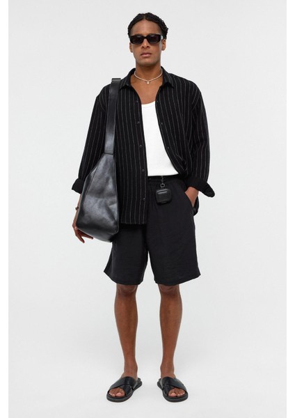 Çizgili Oversize Müslin Keten Gömlek Siyah