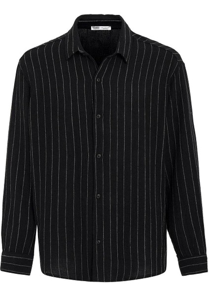 Çizgili Oversize Müslin Keten Gömlek Siyah fiyatları