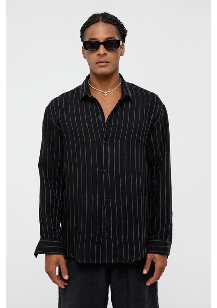 Çizgili Oversize Müslin Keten Gömlek Siyah modelleri