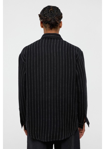 Çizgili Oversize Müslin Keten Gömlek Siyah indirimleri