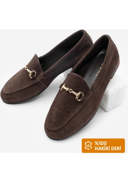 Kadın Hakiki Deri Acı Kahve Zincirli Loafer Günlük Ayakkabı Tanle