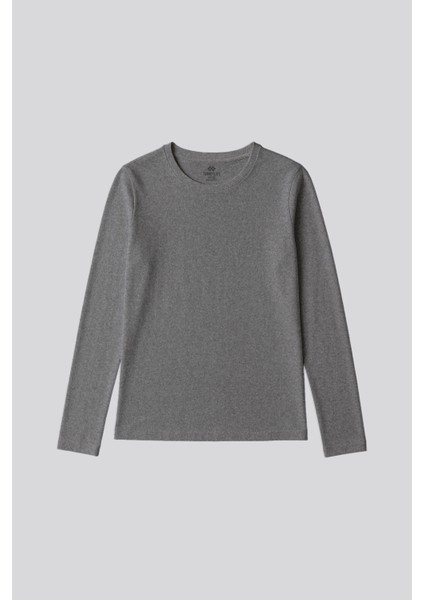 Gri Melanj O Yaka Standart Fit Uzun Kollu Basic Kadın T-Shirt - 97312