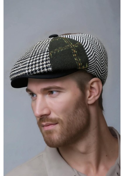 Erkek Patchwork Tweed Yün Kasket Ingiliz Newsboy Şapka