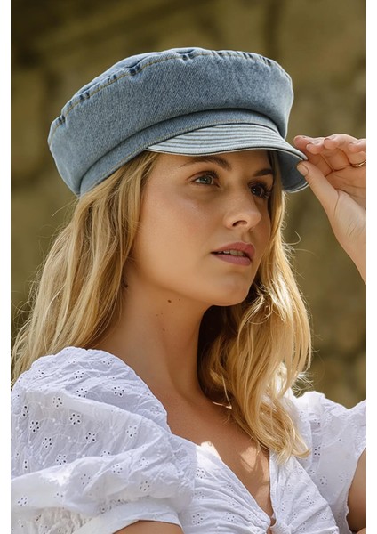 Kadın Kot Şapka Driver Kasket Flat Cap Kaptan Şapkası - Mavi