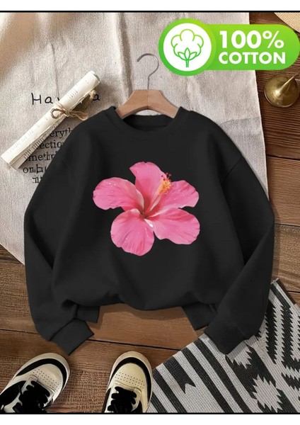 Pembe Çiçek Desen Detaylı Bisiklet Yaka Içi Polarlı Sweatshirt