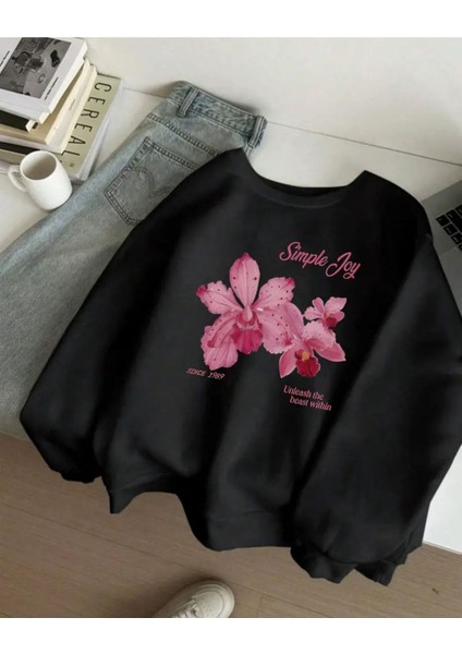 Simple Joy Baskılı Bisiklet Yaka Içi Polarlı Sweatshirt