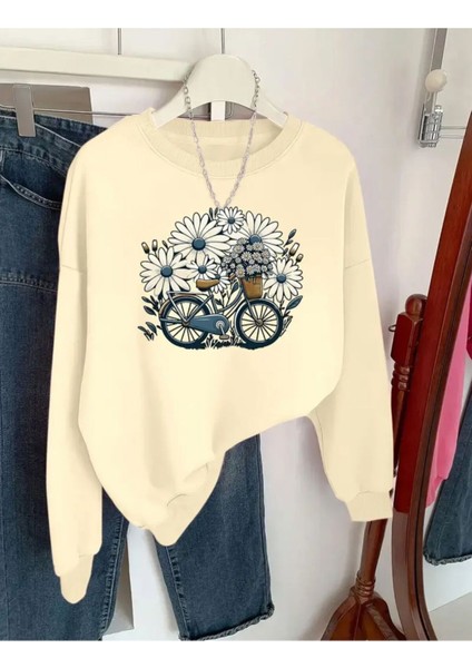 Baskılı Bisiklet Yaka Içi Polarlı Sweatshirt