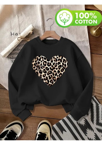 Leopar Kalp Desen Detaylı Bisiklet Yaka Içi Polarlı Sweatshirt