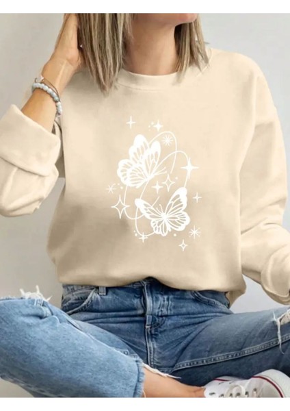 Kelebek Desen Detaylı Bisiklet Yaka Içi Polarlı Sweatshirt
