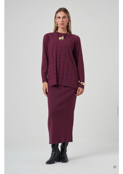 Nuss 1350 Kazayağı Desenli Tunik Kalem Etekli Merserize Takım