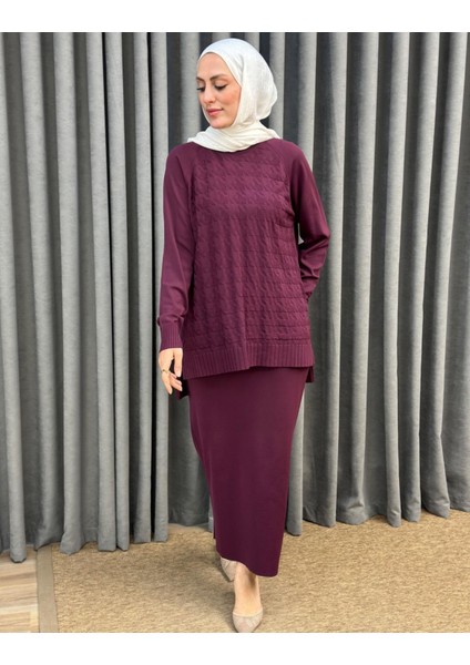 Nuss 1350 Kazayağı Desenli Tunik Kalem Etekli Merserize Takım fiyatları