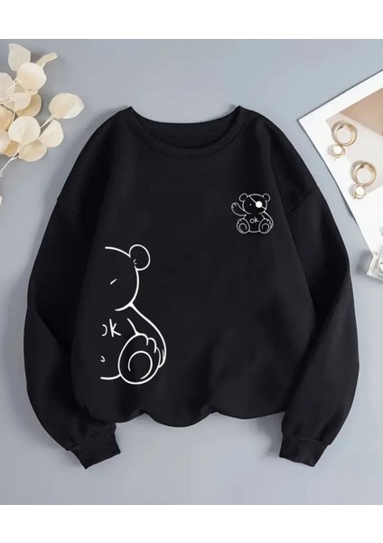 Ayıcık Desen Detaylı Bisiklet Yaka Içi Polarlı Sweatshirt